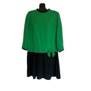 VINTAGE 1980's DROP WAIST GREEN and BLACK DRESS WITH PLEATS